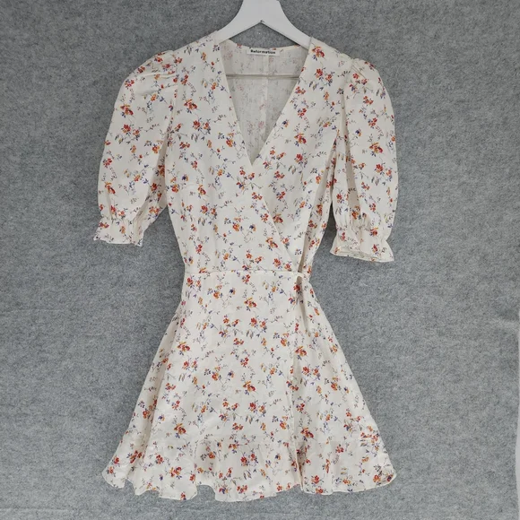 Reformation Carmelo Gabrielle Linen Floral Wrap Mini Dress Small - Picture 2 of 7